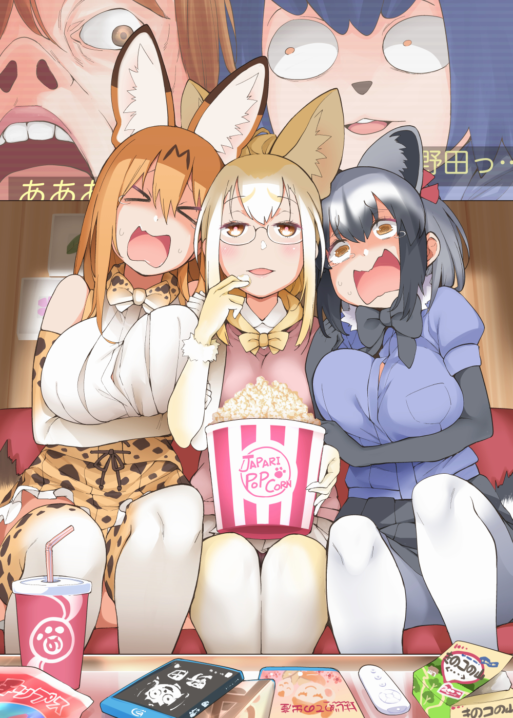 &gt;_&lt; alternate_breast_size alternate_hair_length alternate_hairstyle animal_ear_fluff animal_ears bare_shoulders bespectacled black_gloves black_hair black_skirt blonde_hair blu-ray bow bowtie breasts bucket common_raccoon_(kemono_friends) controller drinking_straw elbow_gloves eyebrows_visible_through_hair fennec_(kemono_friends) food fox_ears fur_collar girl_sandwich glasses gloves grey_hair hayashi_(l8poushou) highres holding_another's_arm indoors kemono_friends king_crimson large_breasts multicolored_hair multiple_girls open_mouth pantyhose pleated_skirt popcorn print_gloves print_legwear print_neckwear print_skirt raccoon_ears raccoon_tail remote_control rimless_eyewear sandwiched scared serval_(kemono_friends) serval_ears serval_print serval_tail short_hair sitting skirt table tail tearing_up tears thighhighs translation_request