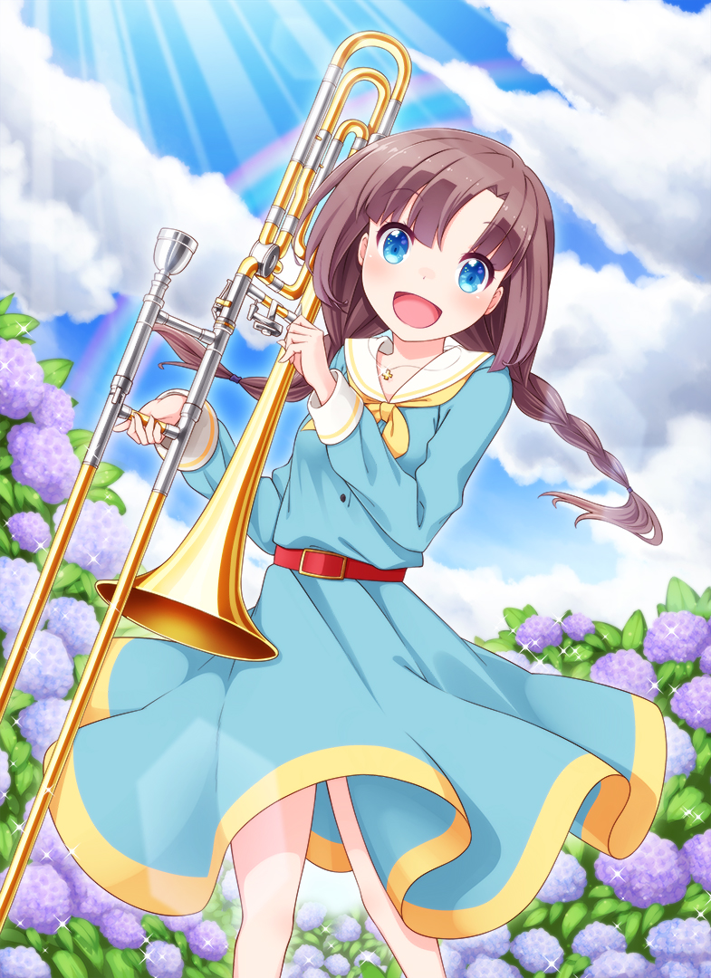 :d blue_dress blush braid brown_hair cloud cross cross_necklace day dress eyebrows_visible_through_hair flower haradaiko_(arata_himeko) head_tilt holding holding_instrument hoshizaki_rika hydrangea instrument jewelry leaning_to_the_side long_hair long_sleeves looking_at_viewer low_twintails neckerchief necklace open_mouth outdoors rainbow raramagi sailor_dress sky smile solo sparkle standing sunlight trombone twin_braids twintails