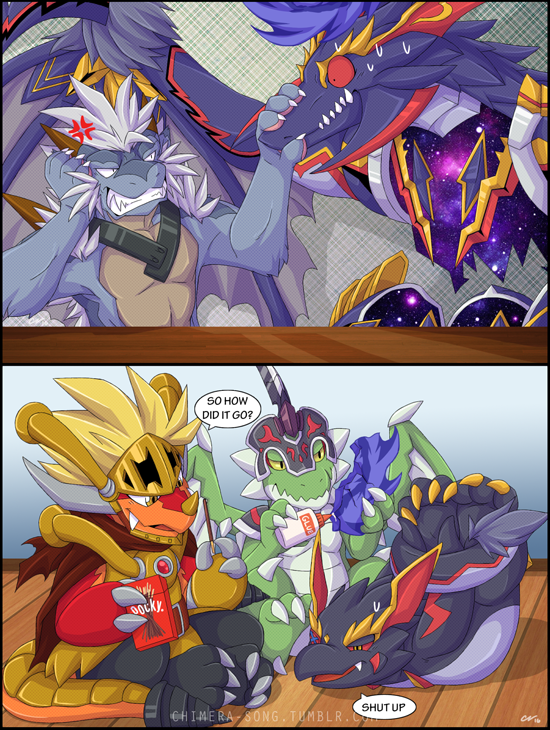 abygale_(buddyfight) angry anthro armor bound broken candy chimera-song chocolate claws comic covering_ears damaged defeat dialogue disgust dragon drum_(buddyfight) food future_card_buddyfight glue grabbing hair horn insult jackknife_dragon_(buddyfight) male muscular pocky reptile scalie simple_background sitting standing surprise sweets table teasing teeth text wounded