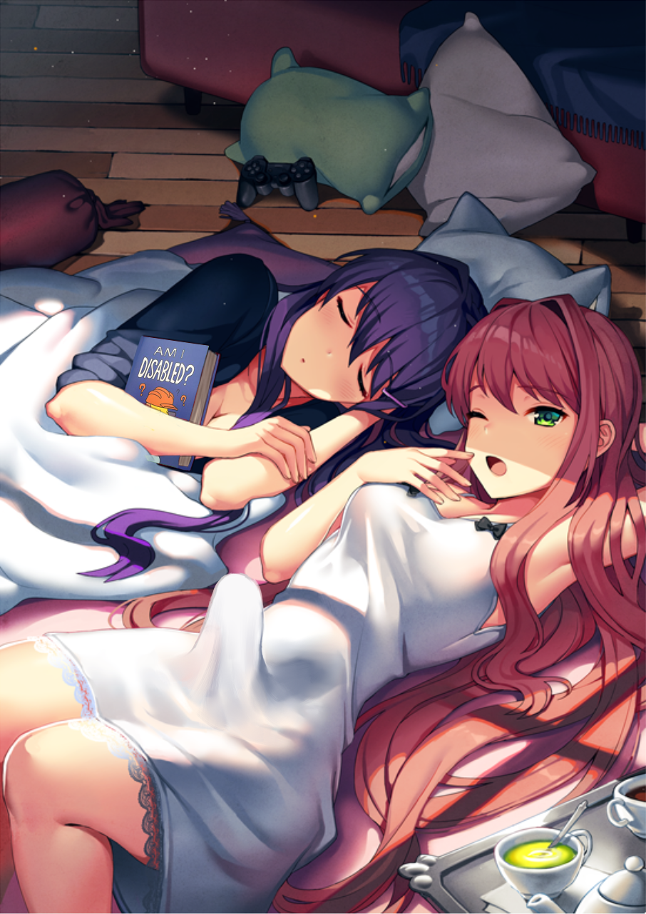 2girls arm_behind_head armpits blanket book brown_hair controller cup doki_doki_literature_club erection_under_clothes eyebrows_visible_through_hair futanari game_controller green_eyes hair_down hair_ornament hairclip long_hair looking_at_viewer lying monika_(doki_doki_literature_club) multiple_girls official_art on_back on_floor on_side one_eye_closed open_mouth pillow purple_hair satchely sleeping teacup third-party_edit tray under_covers very_long_hair window_shade wooden_floor yawning yuri_(doki_doki_literature_club)
