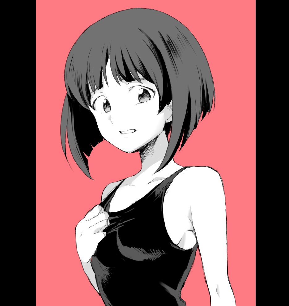 adjusting_clothes adjusting_swimsuit bangs blunt_bangs bob_cut commentary_request girls_und_panzer gotou_moyoko greyscale light_frown looking_at_viewer moekichi monochrome one-piece_swimsuit open_mouth pillarboxed red_background school_swimsuit short_hair solo standing swimsuit upper_body
