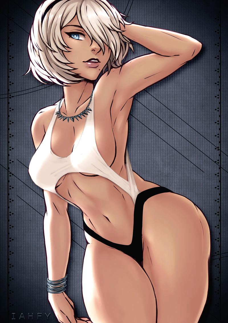 armpits black_hairband black_panties blue_eyes bracelet breasts commentary curvy english_commentary hair_over_one_eye hairband hand_in_hair iahfy jewelry lips medium_breasts micro_panties mole mole_under_mouth navel necklace nier_(series) nier_automata panties parted_lips revealing_clothes short_hair sideboob solo thick_thighs thighs toned underboob underwear wide_hips yorha_no._2_type_b