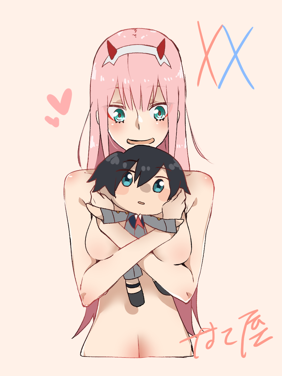 1girl black_hair blue_eyes breasts couple darling_in_the_franxx doll green_eyes highres hiro_(darling_in_the_franxx) holding holding_doll horns long_hair medium_breasts nakoya_(nane_cat) nude open_mouth pink_hair short_hair signature smile zero_two_(darling_in_the_franxx)