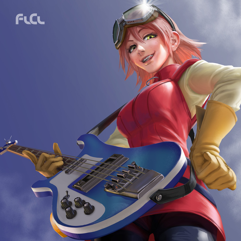 bass_guitar breasts commentary day english_commentary flcl freckles gloves goggles goggles_on_head green_eyes hair_between_eyes hand_on_hip haruhara_haruko instrument large_breasts left-handed lips looking_at_viewer looking_down mouth_hold nose pants parted_lips pink_hair plectrum rickenbacker ruben_de_vela short_hair smile solo strap yellow_gloves zipper