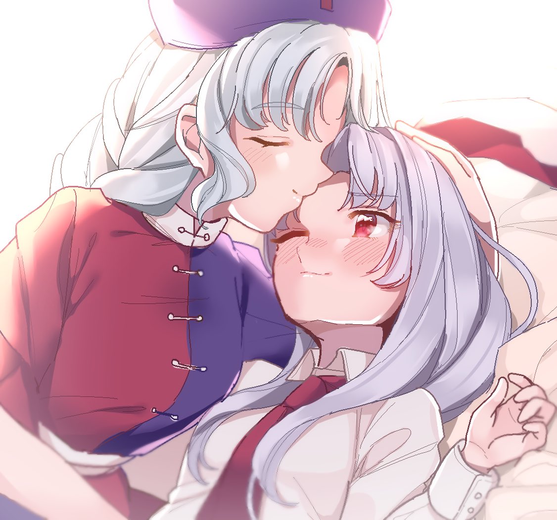 blue_hat blush closed_eyes commentary_request forehead_kiss hand_on_another's_head hat kiss long_hair long_sleeves lying multiple_girls necktie on_back purple_hair red_cross red_neckwear reisen_udongein_inaba satomachi short_sleeves smile touhou white_hair yagokoro_eirin yuri