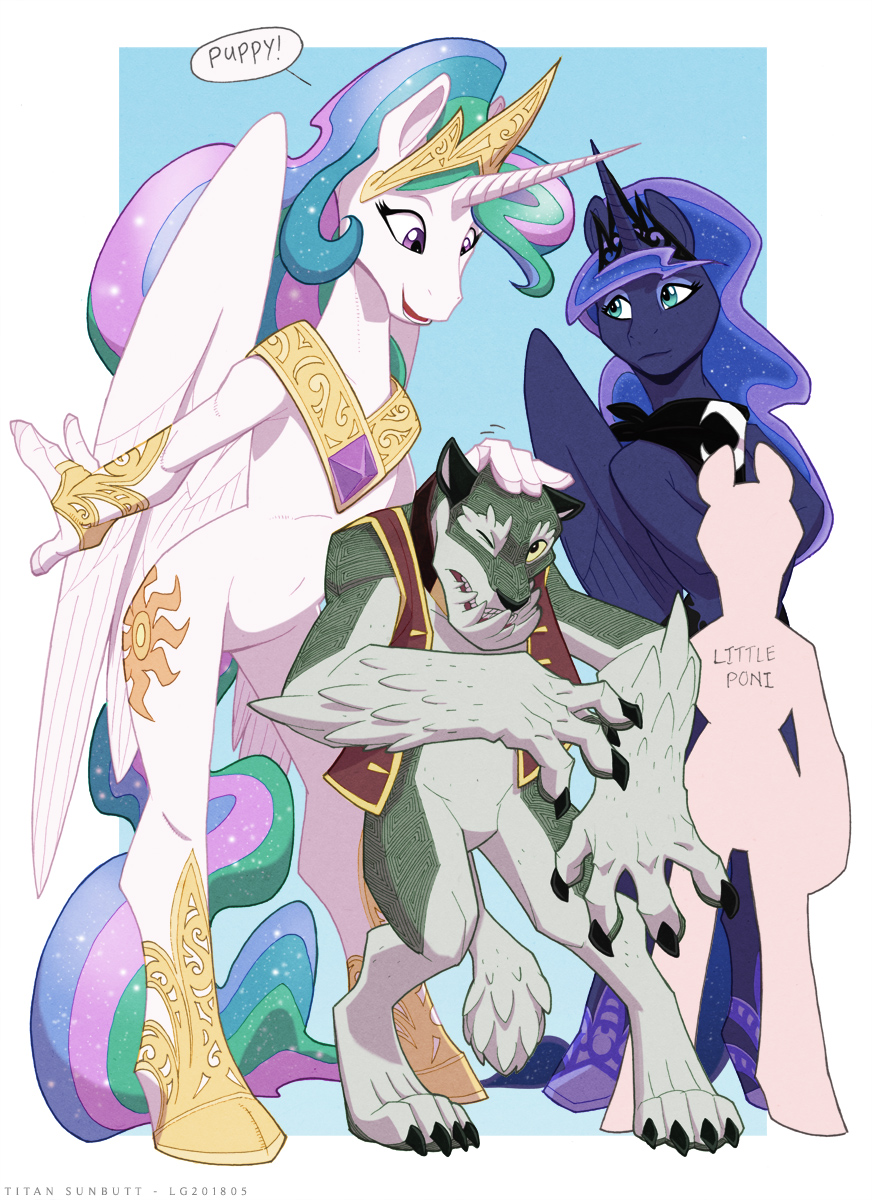 2018 anthro anthrofied bandanna canine crown dialogue diamond_dog_(mlp) dog english_text equine female friendship_is_magic group horn jewelry loupgarou male mammal my_little_pony necklace princess_celestia_(mlp) princess_luna_(mlp) text winged_unicorn wings