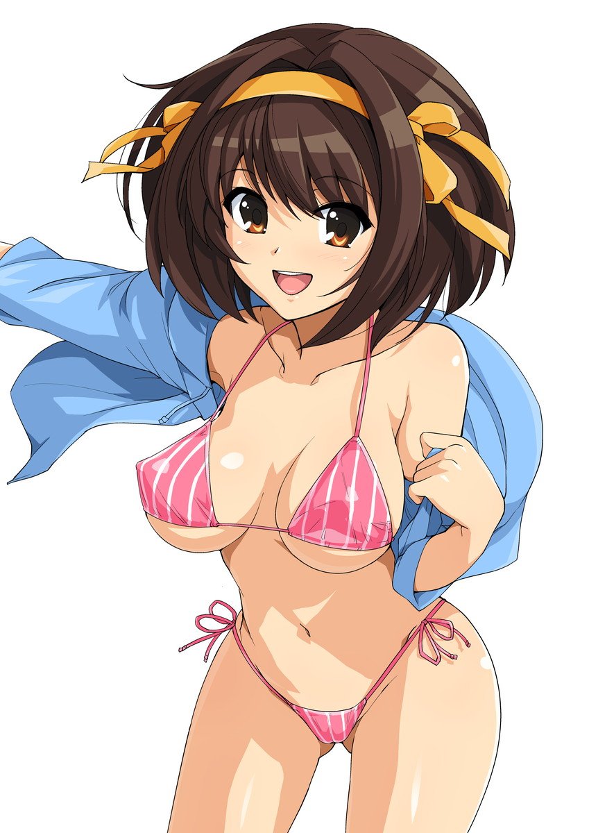 ass_visible_through_thighs bikini blush breasts brown_eyes brown_hair cleavage collarbone covered_nipples hairband haruhisky highres jacket large_breasts looking_at_viewer navel open_mouth side-tie_bikini simple_background smile solo string_bikini suzumiya_haruhi suzumiya_haruhi_no_yuuutsu swimsuit thigh_gap underboob white_background