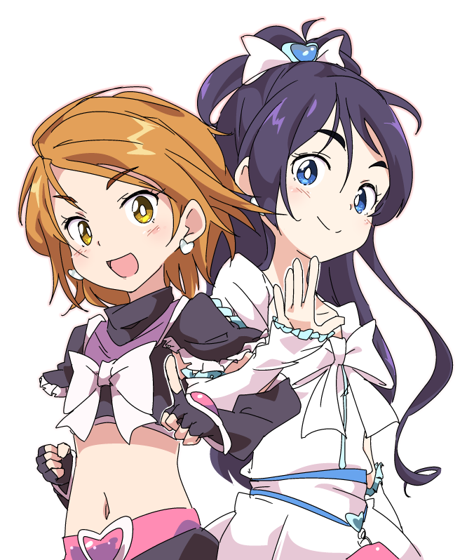 :d black_hair black_shirt black_skirt blue_eyes bow brown_eyes brown_hair clenched_hand closed_mouth crop_top cure_black cure_white detached_sleeves earrings frilled_sleeves frills futari_wa_precure half_updo ixy jewelry locked_arms long_hair magical_girl midriff misumi_nagisa multiple_girls navel open_mouth pointing precure shirt short_hair short_sleeves skirt smile waving white_bow white_shirt white_skirt yukishiro_honoka
