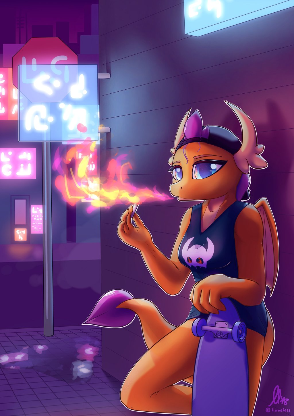 2018 anthro blue_eyes building city clothed clothing detailed_background digital_media_(artwork) dragon female fire friendship_is_magic horn loneless-art membranous_wings my_little_pony neo_equestria outside scalie sky smolder_(mlp) solo town wings