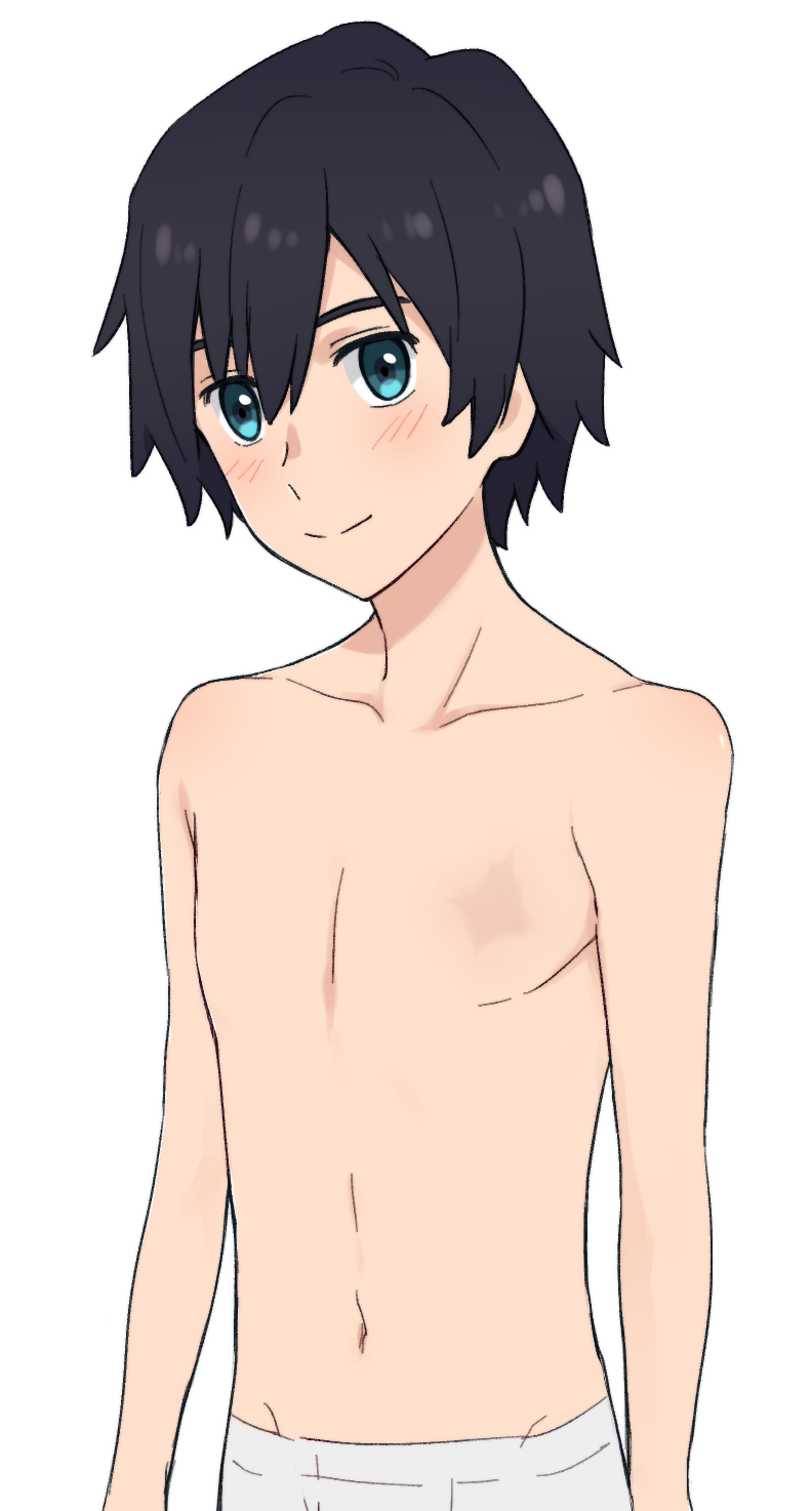 aqua_eyes bangs black_hair blush chest_scar commentary darling_in_the_franxx english_commentary highres hiro_(darling_in_the_franxx) k_016002 looking_at_viewer male_focus male_underwear no_nipples protected_link scar shirtless simple_background solo underwear underwear_only white_background