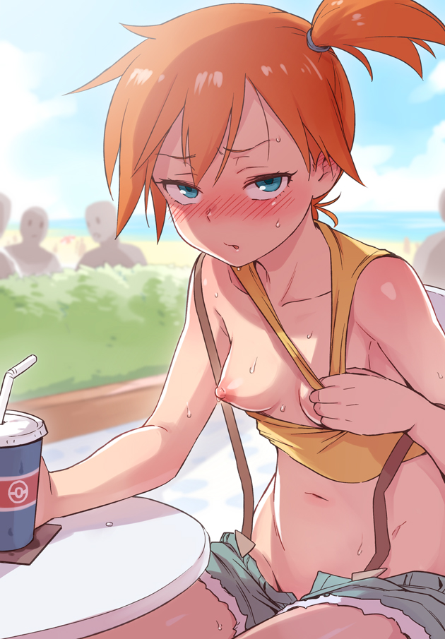 :o bare_shoulders beach bendy_straw blue_eyes blush body_blush breasts bush cloud collarbone crop_top cup day denim denim_shorts disposable_cup drinking_straw ear_blush exhibitionism eyebrows_visible_through_hair flashing groin hair_between_eyes horizon hot kasumi_(pokemon) looking_at_viewer medium_breasts navel nipples ocean one_breast_out oppai_challenge orange_hair perky_breasts pokemon pokemon_(anime) pokemon_(classic_anime) shiny shiny_hair shiny_skin short_hair short_shorts shorts side_ponytail sitting sky strap_slip suspenders sweat table tank_top toku_(ke7416613)