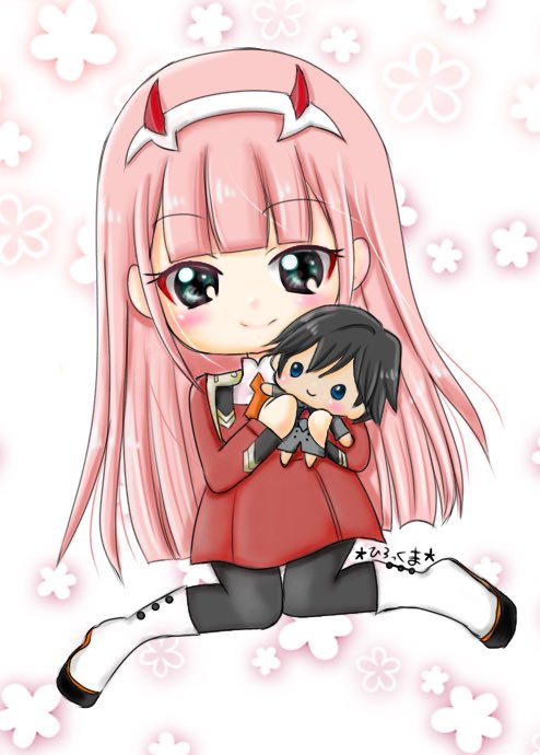 1girl bangs black_legwear blush boots check_commentary chibi commentary_request darling_in_the_franxx doll eyebrows_visible_through_hair fringe green_eyes hair_ornament hairband hiro_(darling_in_the_franxx) holding holding_doll horns hug long_hair long_sleeves looking_at_viewer military military_uniform necktie oni_horns orange_neckwear pantyhose pink_hair red_horns rirakkumahiroko signature solo uniform white_footwear white_hairband zero_two_(darling_in_the_franxx)