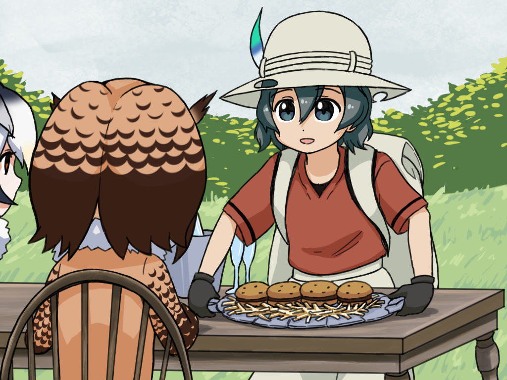 :d backpack bag black_eyes black_gloves black_hair brown_eyes bucket day drawfag eurasian_eagle_owl_(kemono_friends) food french_fries fur_collar gloves grass grey_hat hair_between_eyes hamburger hat_feather head_wings helmet holding kaban_(kemono_friends) kemono_friends long_sleeves looking_at_another meme multiple_girls northern_white-faced_owl_(kemono_friends) open_mouth outdoors pith_helmet red_shirt shirt short_hair short_sleeves sitting smile standing steamed_hams the_simpsons tray