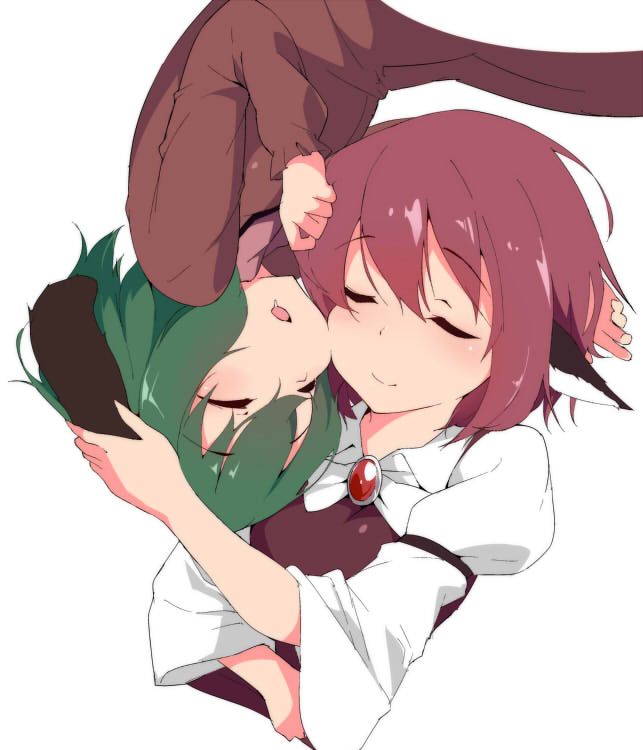 animal_ears bird_ears brooch cheek-to-cheek closed_eyes commentary cuddling drooling green_hair hug jewelry kasodani_kyouko long_sleeves multiple_girls mystia_lorelei open_mouth petting pink_hair playing_with_another's_hair puffy_sleeves short_hair sleeping smile tera_zip touhou upper_body white_background yuri