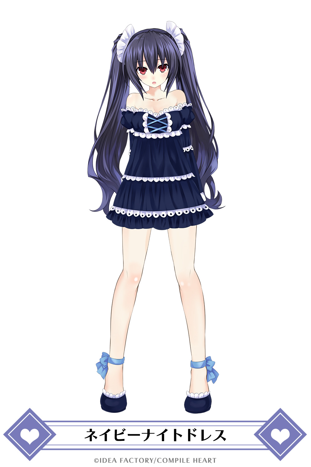 :o ankle_ribbon arms_behind_back bare_legs bare_shoulders black_hair black_nightgown blue_dress blue_ribbon blush body_blush breasts cleavage collarbone company_name dress eyebrows_visible_through_hair frilled_dress frills full_body hair_between_eyes hair_ribbon heart highres long_hair looking_at_viewer mainichi_compile_heart medium_breasts neptune_(series) nightgown noire official_art red_eyes ribbon ribbon-trimmed_dress simple_background slippers solo translated tsunako twintails very_long_hair white_background white_ribbon