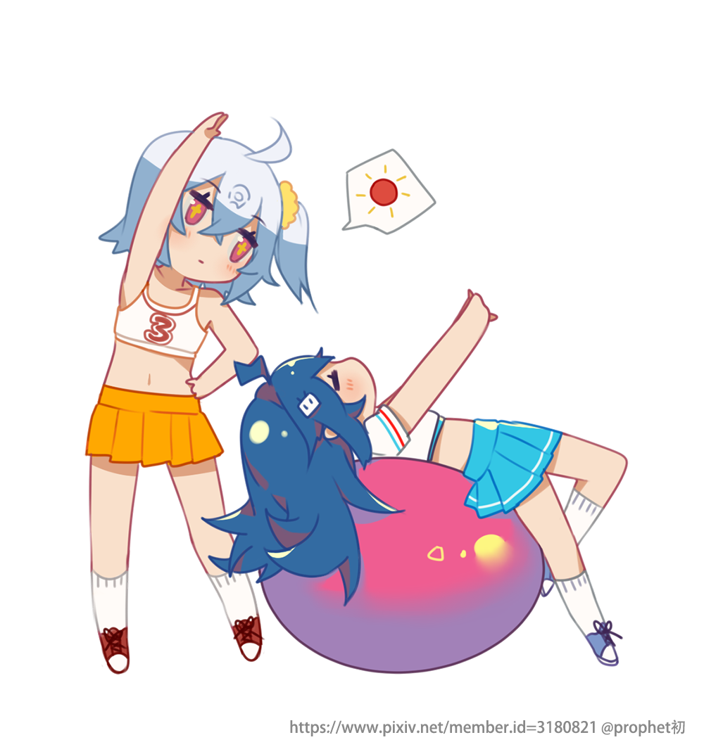 =_= ahoge arm_up ball bangs bare_arms bare_shoulders bili_girl_22 bili_girl_33 bilibili_douga blue_eyes blue_hair blue_skirt blush closed_eyes closed_mouth collarbone crop_top exercise_ball eyebrows_visible_through_hair hair_between_eyes hair_ornament hand_on_hip kneehighs leaning_to_the_side lying midriff multiple_girls navel on_back orange_skirt outstretched_arms pink_hair pleated_skirt profile prophet_chu puffy_short_sleeves puffy_sleeves red_footwear shirt shoes short_sleeves simple_background skirt sneakers spoken_object standing stretch sun_(symbol) tank_top white_background white_legwear white_shirt white_tank_top