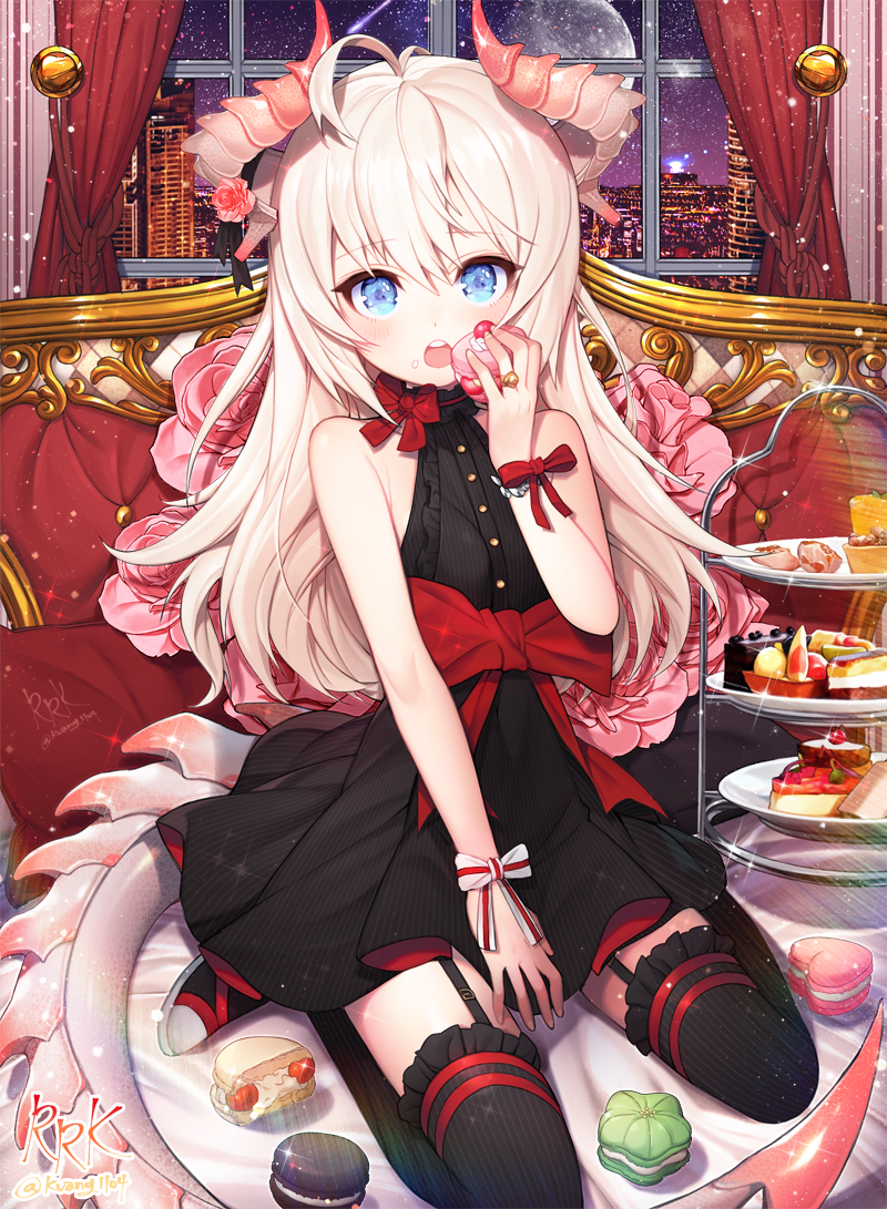 :o bangs bare_shoulders black_dress black_legwear blue_eyes blush bow building cake cityscape commission dragon_girl dragon_horns dragon_tail dress eyebrows_visible_through_hair food food_on_face full_moon garter_straps hair_between_eyes hand_up holding holding_food horns kuang_(kzhw7588) light_brown_hair long_hair looking_at_viewer macaron moon night night_sky open_mouth original red_bow round_teeth sitting sky skyscraper sleeveless sleeveless_dress slice_of_cake solo star_(sky) starry_sky striped striped_bow tail teeth thighhighs tiered_tray twitter_username upper_teeth very_long_hair wariza white_bow wrist_bow