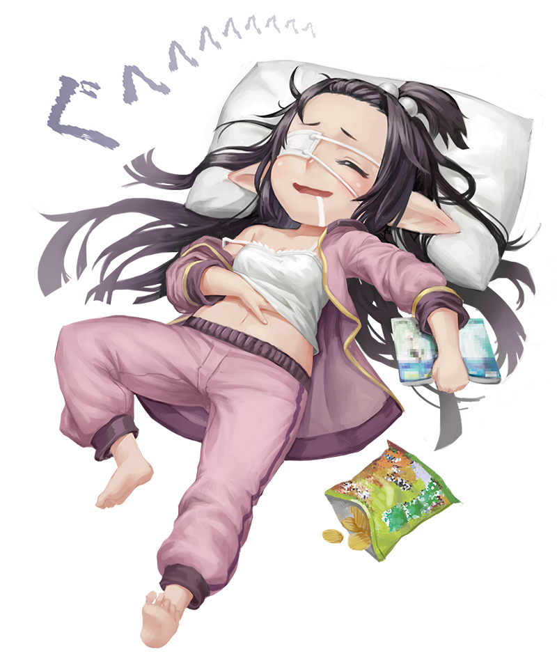 bare_shoulders barefoot black_hair blush book camisole censored chips closed_eyes drooling eyepatch food from_above full_body granblue_fantasy hand_on_own_stomach harvin holding holding_book long_hair lunalu_(granblue_fantasy) lying medical_eyepatch mosaic_censoring navel off_shoulder on_back open_clothes open_mouth open_shirt pants pointy_ears potato_chips purple_pants saliva scotishfold sleeping solo strap_slip very_long_hair white_background white_pillow