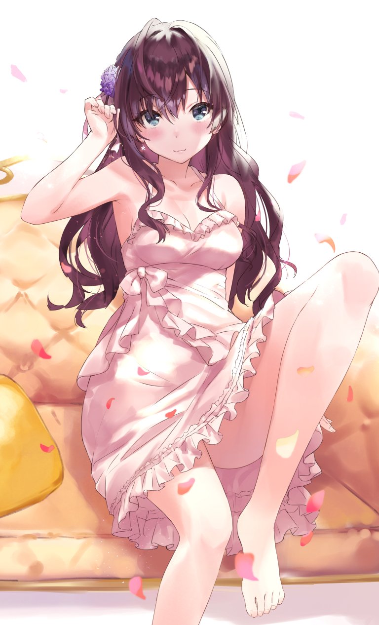 ahoge bangs bare_shoulders barefoot blue_eyes blush breasts brown_hair bvucki36gzoeq1c cleavage collarbone commentary_request couch dress eyebrows_visible_through_hair feet flower frills hair_flower hair_ornament hand_in_hair highres ichinose_shiki idolmaster idolmaster_cinderella_girls idolmaster_cinderella_girls_starlight_stage knee_up legs long_hair looking_at_viewer medium_breasts petals pillow simple_background sitting smile solo thighs wavy_hair white_background white_dress