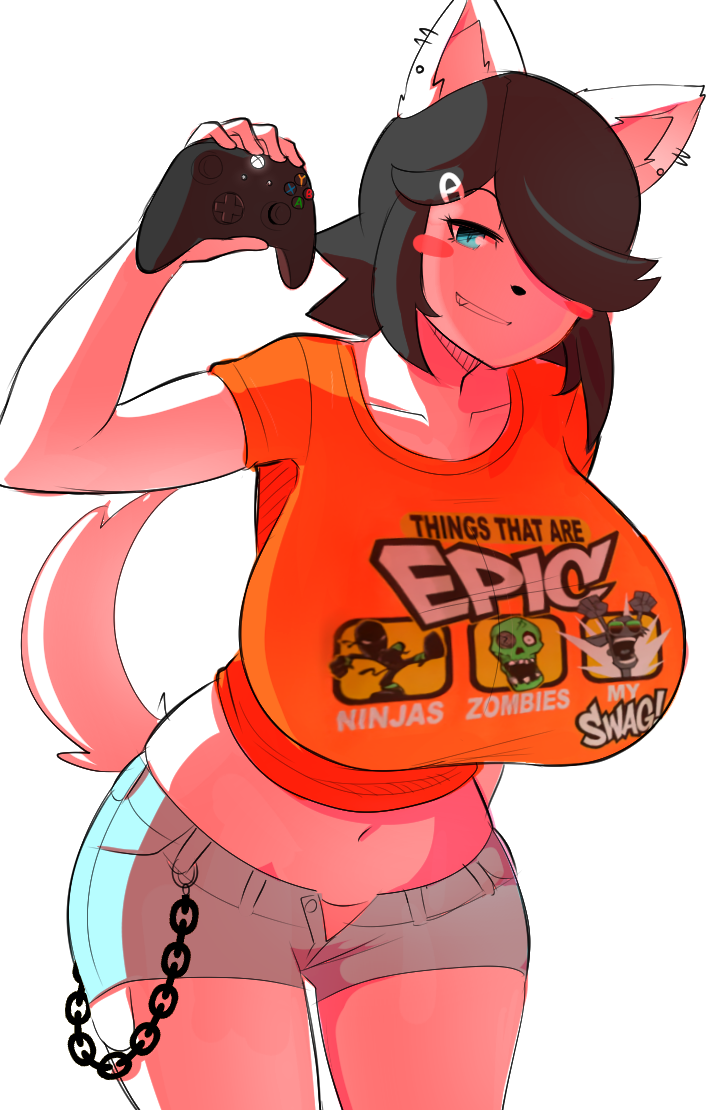 2018 anthro big_breasts black_hair blue_eyes breasts cat chain clothing controller ear_piercing feline female game_controller grin hair hair_over_eye holding_controller holding_object huge_breasts looking_at_viewer maggie_applebee mammal microsoft midriff open_pants piercing red_cheeks shirt short_hair short_tail shorts simple_background smile solo standing t-shirt theycallhimcake video_games xbox xbox_one