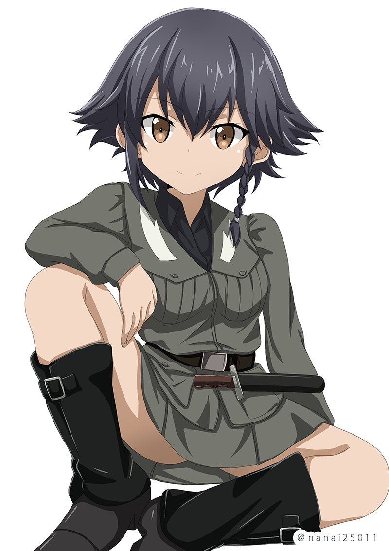 anzio_military_uniform arm_behind_back arm_rest arm_support bangs belt black_footwear black_hair black_shirt boots braid brown_eyes closed_mouth commentary dress_shirt eyebrows_visible_through_hair full_body girls_und_panzer grey_jacket grey_skirt jacket knee_boots knife long_sleeves looking_at_viewer military military_uniform miniskirt pencil_skirt pepperoni_(girls_und_panzer) shibagami shirt short_hair side_braid simple_background sitting skirt smile solo twitter_username uniform white_background