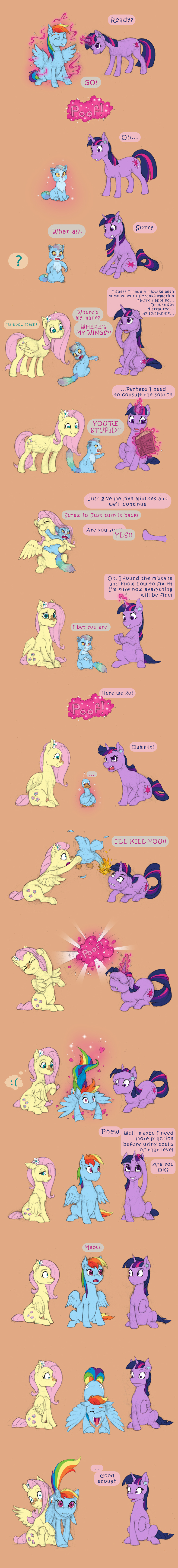 2018 absurd_res book cat comic cutie_mark dialogue english_text equine feathered_wings feathers feline female feral fluttershy_(mlp) friendship_is_magic gor1ck group hair hi_res horn magic mammal multicolored_hair my_little_pony orange_background pegasus rainbow_dash_(mlp) simple_background text transformation twilight_sparkle_(mlp) unicorn wings