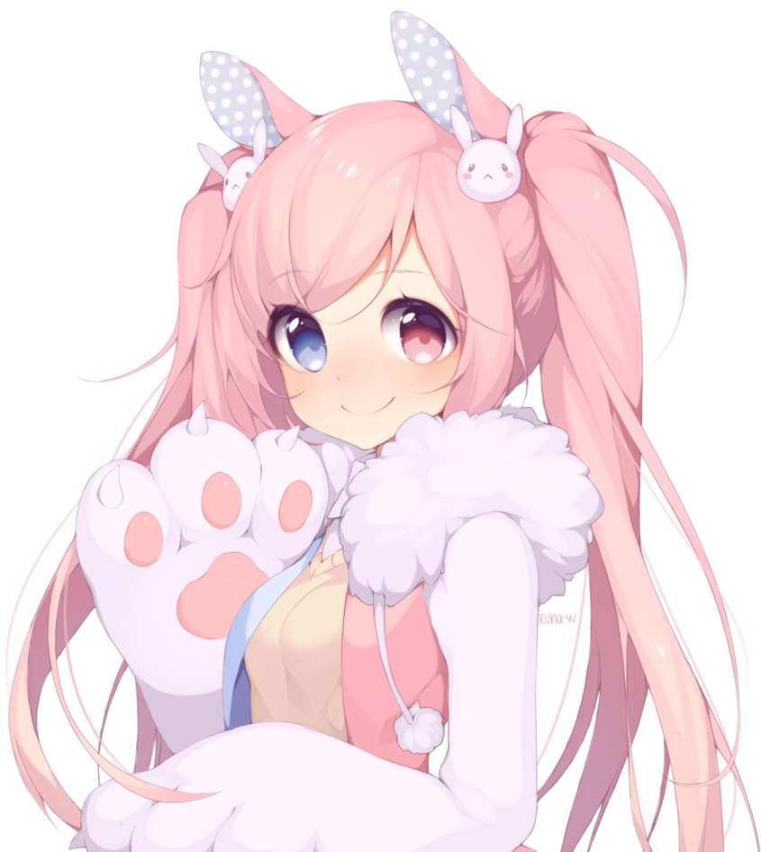 animal_costume animal_ears bangs blue_eyes bunny_costume bunny_ears bunny_hair_ornament closed_mouth commission eyes gloves hair_ornament heterochromia long_hair looking_at_viewer original pastel_colors paw_gloves paws pink_eyes pink_hair pom_pom_(clothes) runastark smile solo transparent_background twintails unmoving_pattern upper_body