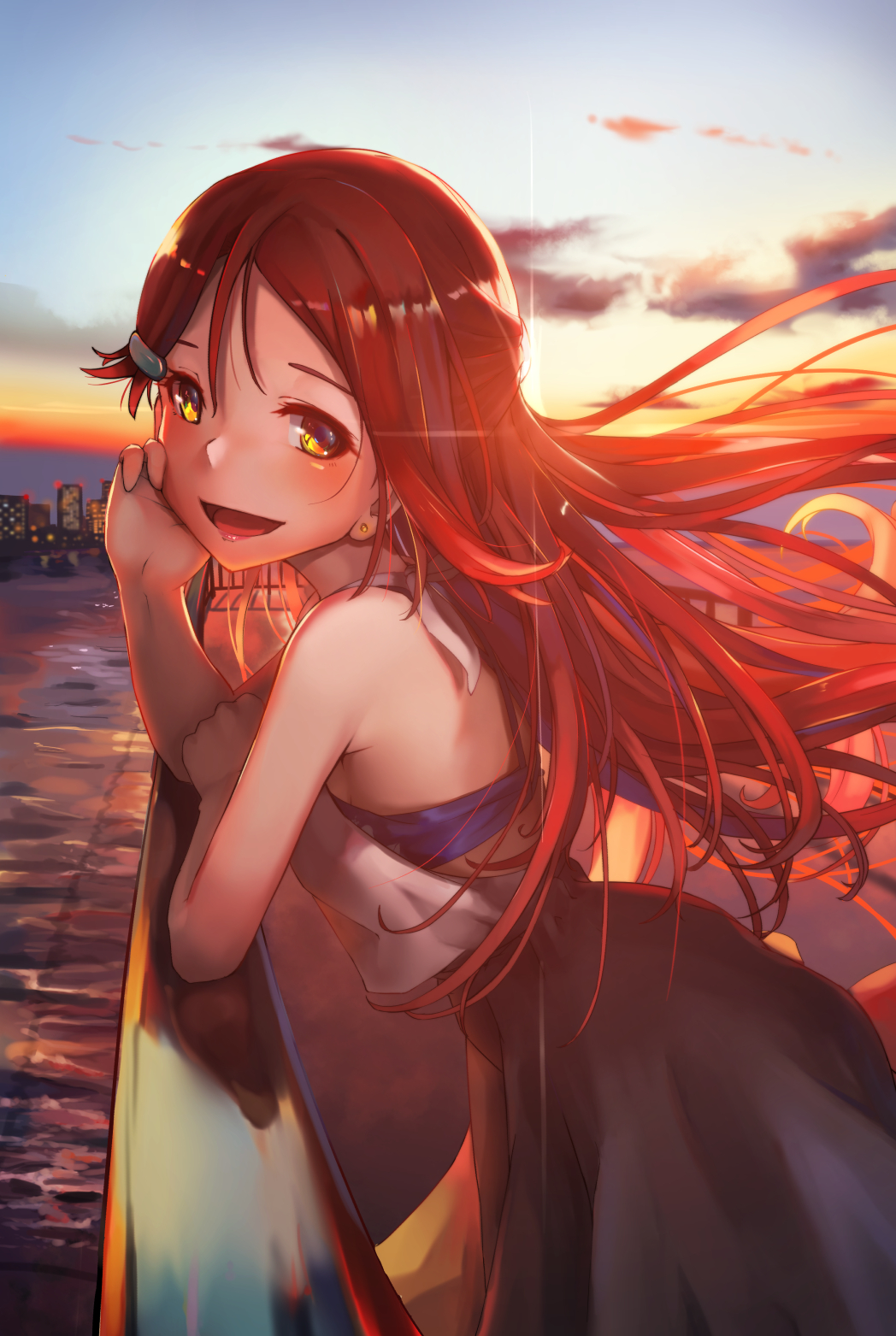 :d against_railing bangs bare_shoulders black_dress blue_bra blush bra city cloud commentary_request dress earrings evening from_side grin hair_between_eyes hand_on_own_face highres jewelry leaning_forward long_hair looking_at_viewer love_live! love_live!_sunshine!! open_mouth outdoors pink_lips red_hair sakurauchi_riko smile solo standing sun sunga2usagi tongue underwear water yellow_eyes