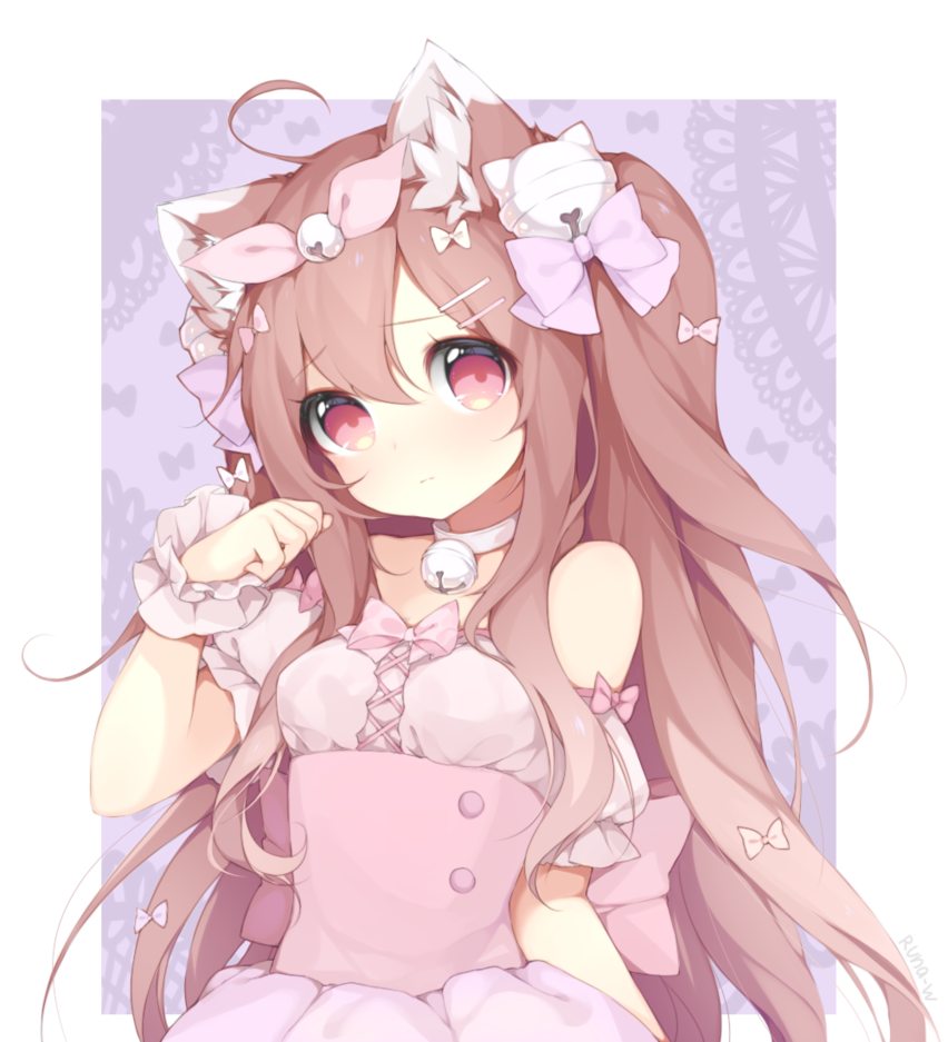 animal_ears bangs bare_shoulders bell bell_collar blush bow brown_hair collar dress gradient_hair long_hair looking_at_viewer maid multicolored_hair original pink_dress pink_eyes runastark shy transparent_background twintails upper_body
