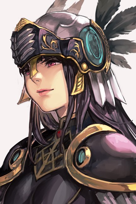 armor black_armor black_hair breastplate feathers hankuri helmet hrist_valkyrie long_hair looking_away orange_eyes pauldrons shoulder_armor smile solo spaulders valkyrie valkyrie_profile white_background