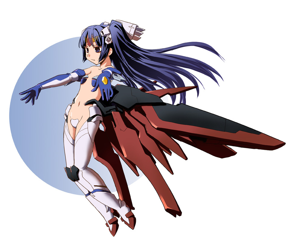 center_opening collarbone destiny_gundam gundam gundam_seed gundam_seed_destiny ikuya_daikokudou long_hair mecha_musume mechanical_wings midriff navel revealing_clothes simple_background solo stomach very_long_hair white_background wings