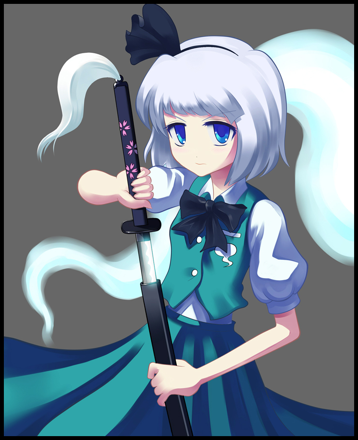 aichi_genjin black_hairband blue_eyes ghost hairband katana konpaku_youmu konpaku_youmu_(ghost) short_hair short_sleeves simple_background solo sword touhou weapon