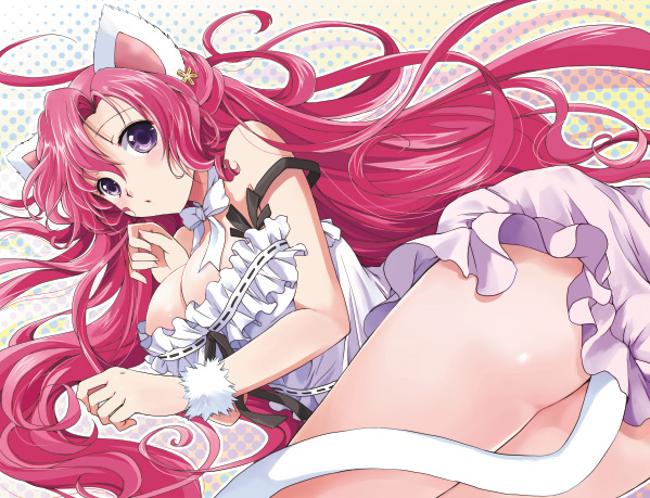 :o animal_ears ass blush body_blush bow bowtie breasts cat_ears cat_tail cleavage code_geass euphemia_li_britannia frills hair_ornament halftone halftone_background kurimomo large_breasts legs long_hair looking_at_viewer pink_hair purple_eyes solo tail