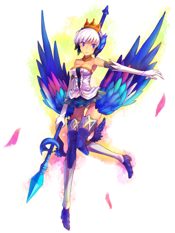 armor armored_dress boots crown dress elbow_gloves gloves gwendolyn kara_(color) multicolored multicolored_wings odin_sphere polearm silver_hair solo spear strapless strapless_dress thigh_boots thighhighs weapon wings