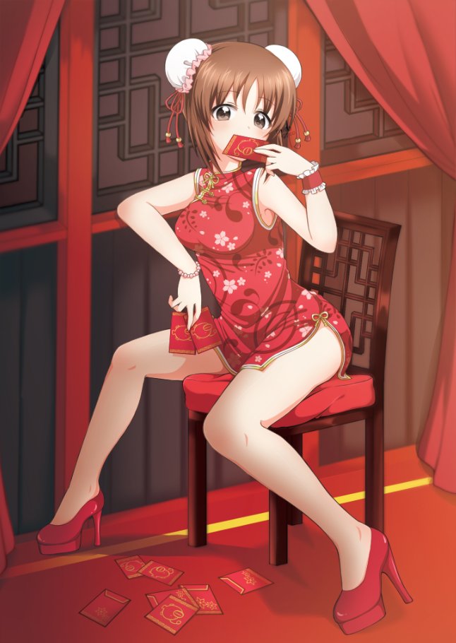 anglerfish bangs brown_eyes brown_hair bun_cover card china_dress chinese_clothes commentary_request covered_mouth curtains double_bun dress emblem eyebrows_visible_through_hair girls_und_panzer high_heels holding indoors looking_at_viewer nishizumi_miho parda_siko playing_card print_dress red_dress red_footwear shadow short_dress short_hair side_slit sitting sleeveless sleeveless_dress solo wooden_chair wristband