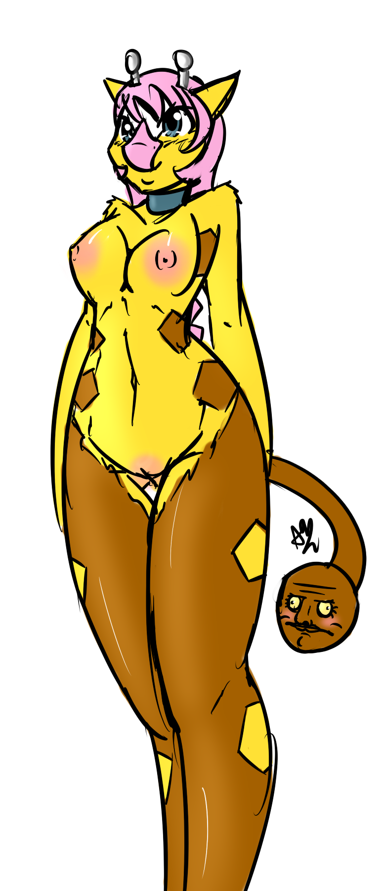 anthro anthrofied avante92 biped blue_eyes blush breasts brown_fur digital_media_(artwork) female fur girafarig giraffid hair hi_res horn mammal me_gusta multicolored_fur nintendo nipples ossicones pink_hair pok&eacute;mon pok&eacute;mon_(species) pok&eacute;morph portrait pussy simple_background solo standing tail_head tail_mouth two_tone_fur video_games white_background yellow_fur