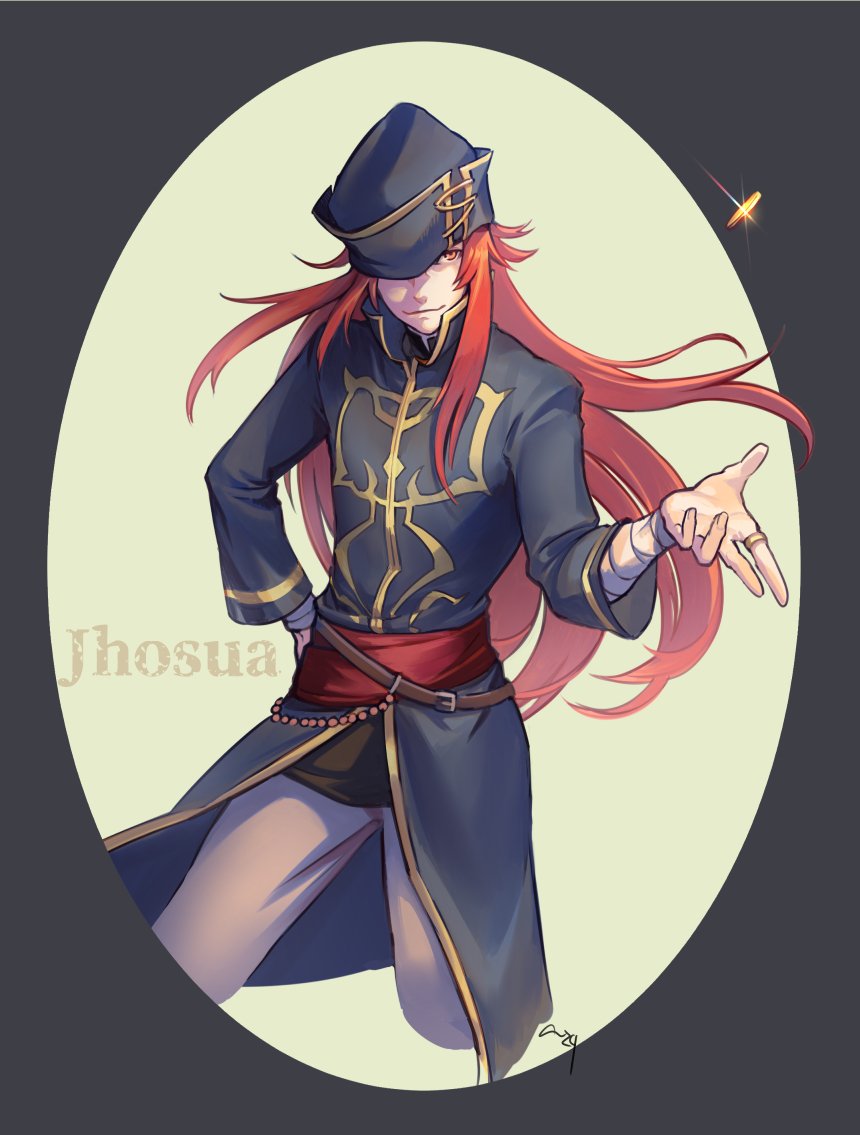 aureolin31 fire_emblem fire_emblem:_seima_no_kouseki fire_emblem_heroes gloves hat joshua_(fire_emblem) long_hair looking_at_viewer male_focus red_eyes red_hair simple_background smile solo