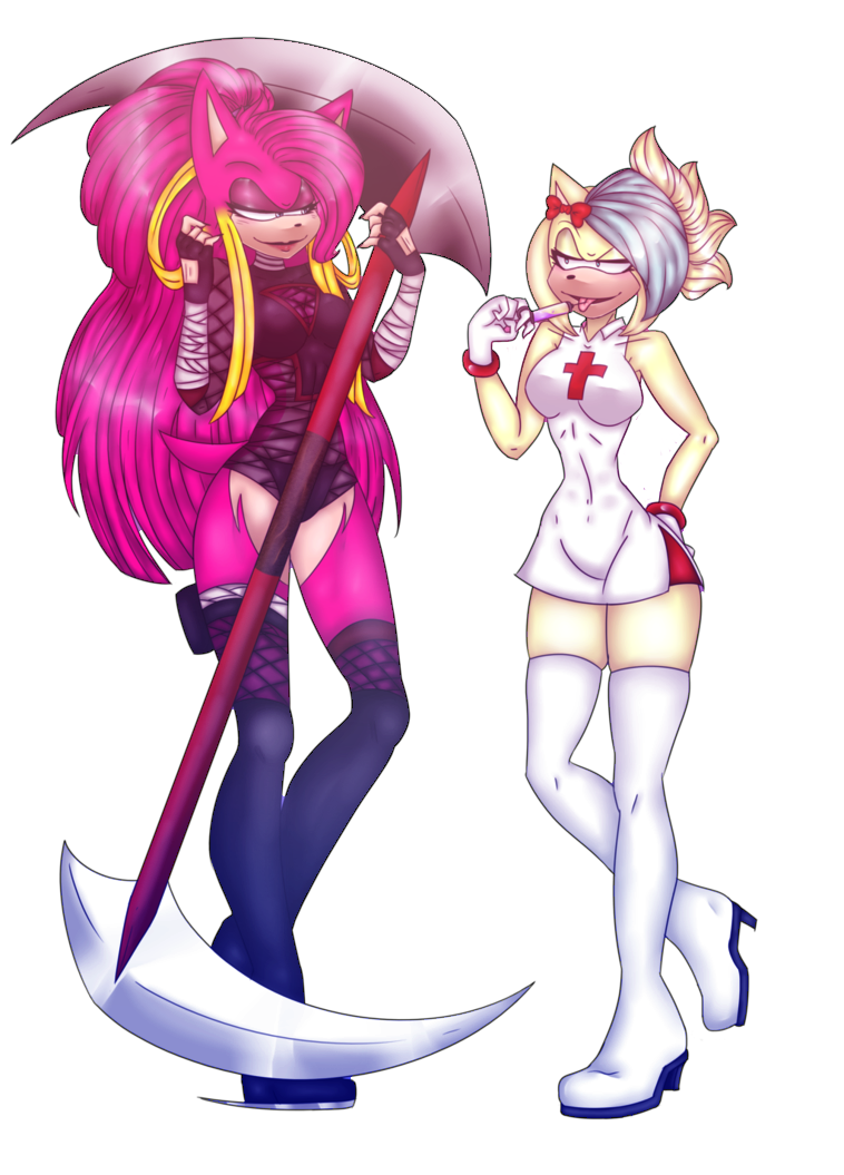 bandage bangs blep blue_eyes boots bow_tie bracelet claws clothed clothing duo female fingerless_gloves footwear gloves hair invalid_color jewelry lipstick long_hair makeup nurse reeysth skimpy thick_thighs tongue tongue_out villainous xmax-artsx