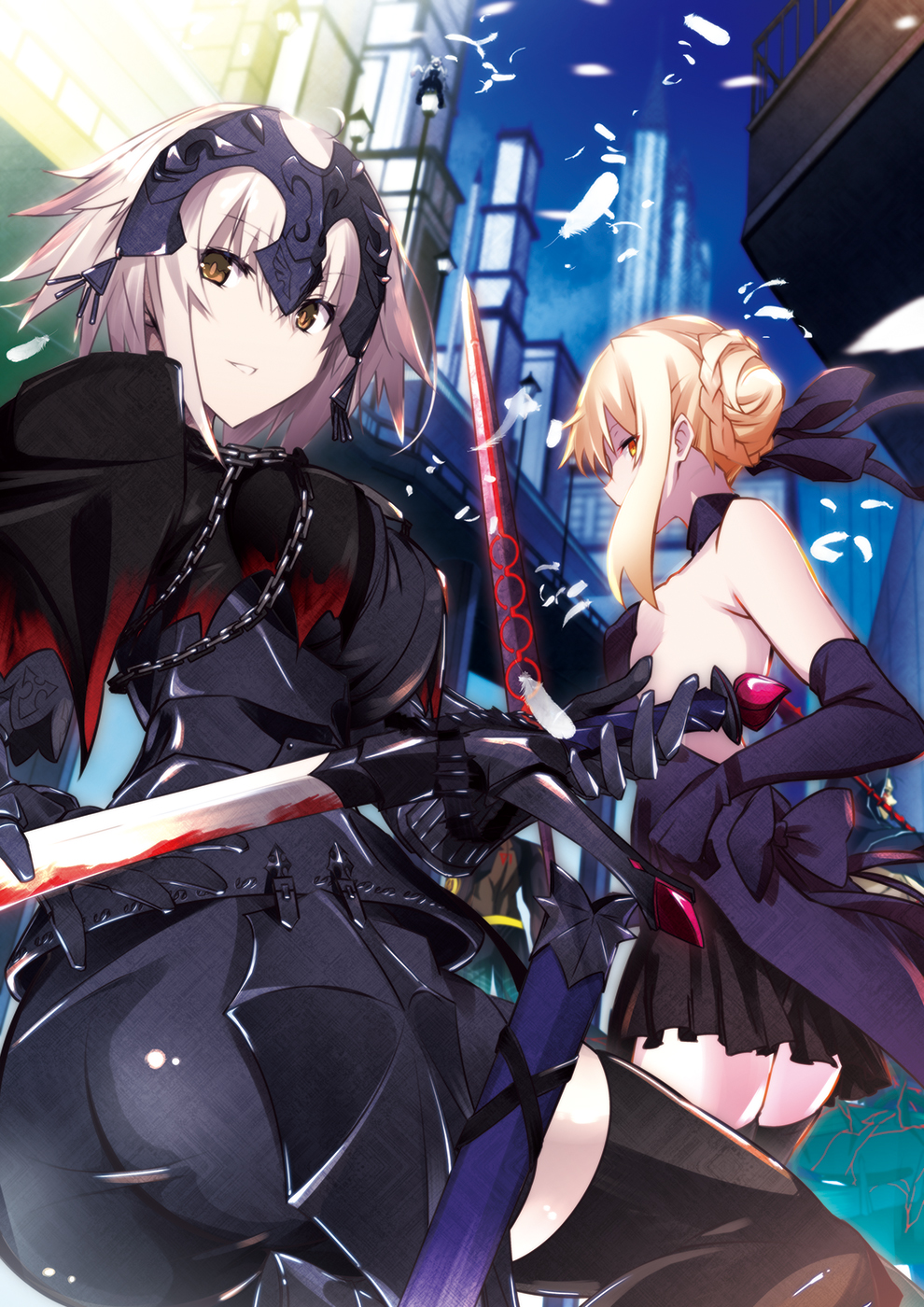 artoria_pendragon_(all) ass backless_outfit bare_shoulders black_gloves black_legwear black_skirt blonde_hair blood bloody_weapon bow breasts brown_eyes building commentary_request elbow_gloves fate/grand_order fate_(series) feathers gloves grin headgear highres holding holding_sword holding_weapon jeanne_d'arc_(alter)_(fate) jeanne_d'arc_(fate)_(all) lamppost long_sleeves looking_at_viewer looking_back multiple_girls night night_sky outdoors parted_lips pleated_skirt saber saber_alter short_hair sideboob skirt sky smile sword thighhighs vane weapon white_feathers