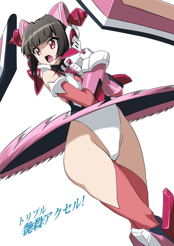 ass bangs bare_shoulders black_hair blunt_bangs circular_saw commentary_request dutch_angle elbow_gloves figure_skating gauntlets gemu555 gloves headphones highleg highleg_leotard hips leotard long_hair open_mouth partially_visible_vulva pink_gloves pink_legwear purple_eyes senki_zesshou_symphogear simple_background skindentation solo thighhighs thighhighs_under_boots translated tsukuyomi_shirabe twintails white_background white_gloves white_leotard