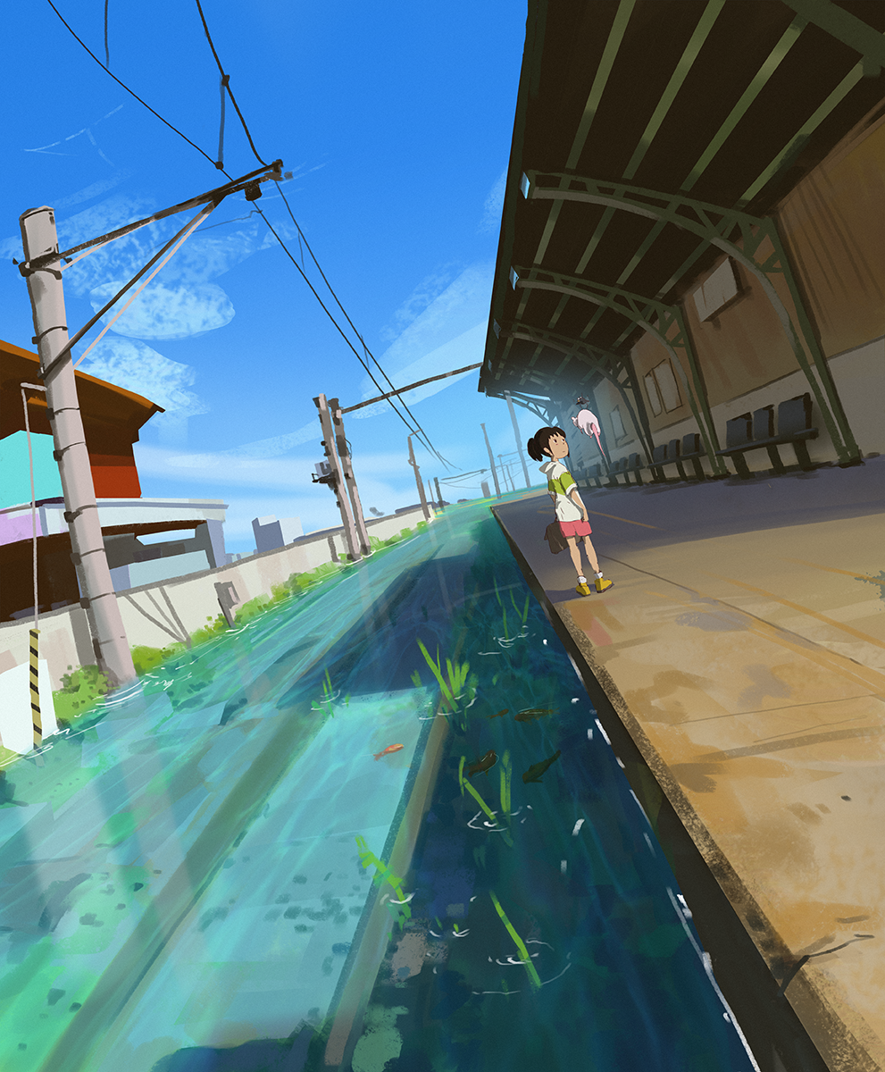 animal animalization bag bare_arms bare_legs bench bird blue_sky bou_(sen_to_chihiro_no_kamikakushi) brown_hair carrying closed_mouth commentary day dutch_angle fish flood flying from_behind hanging highres hood hood_down hoodie looking_at_another medium_hair ogino_chihiro outdoors overhead_line ponytail power_lines railroad_tracks rat scenery sen_to_chihiro_no_kamikakushi shoes short_sleeves shorts sky snatti standing train_station twisted_torso water yu-bird
