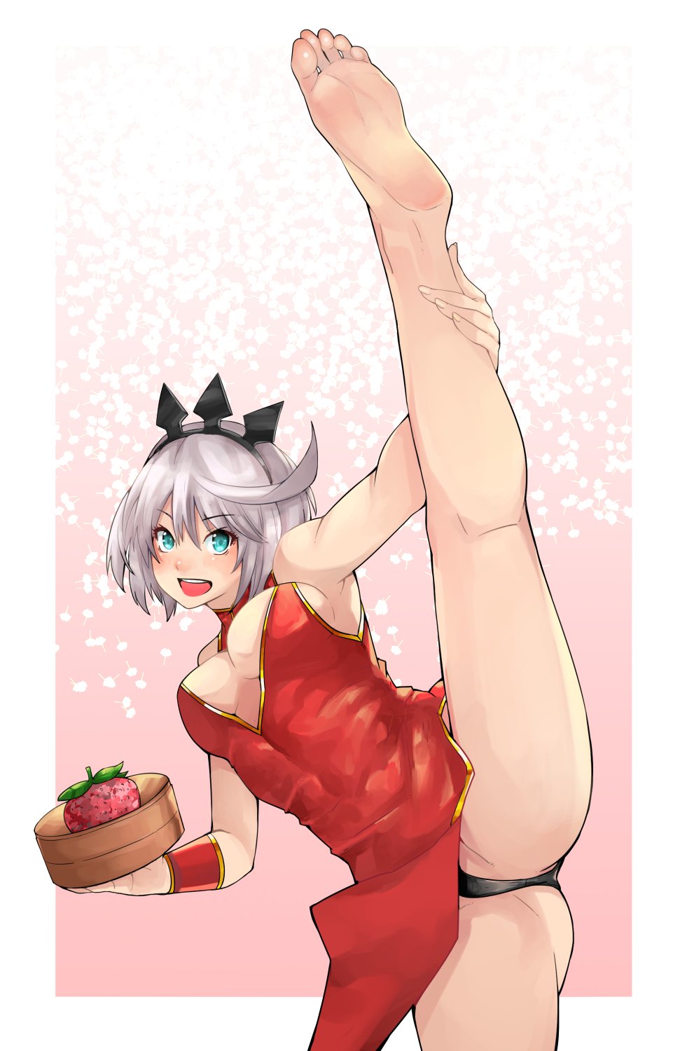 1girl aqua_eyes barefoot black_panties china_dress chinese_clothes feet lavender_hair leg_lift looking_at_viewer one_leg_raised open_mouth soles toes