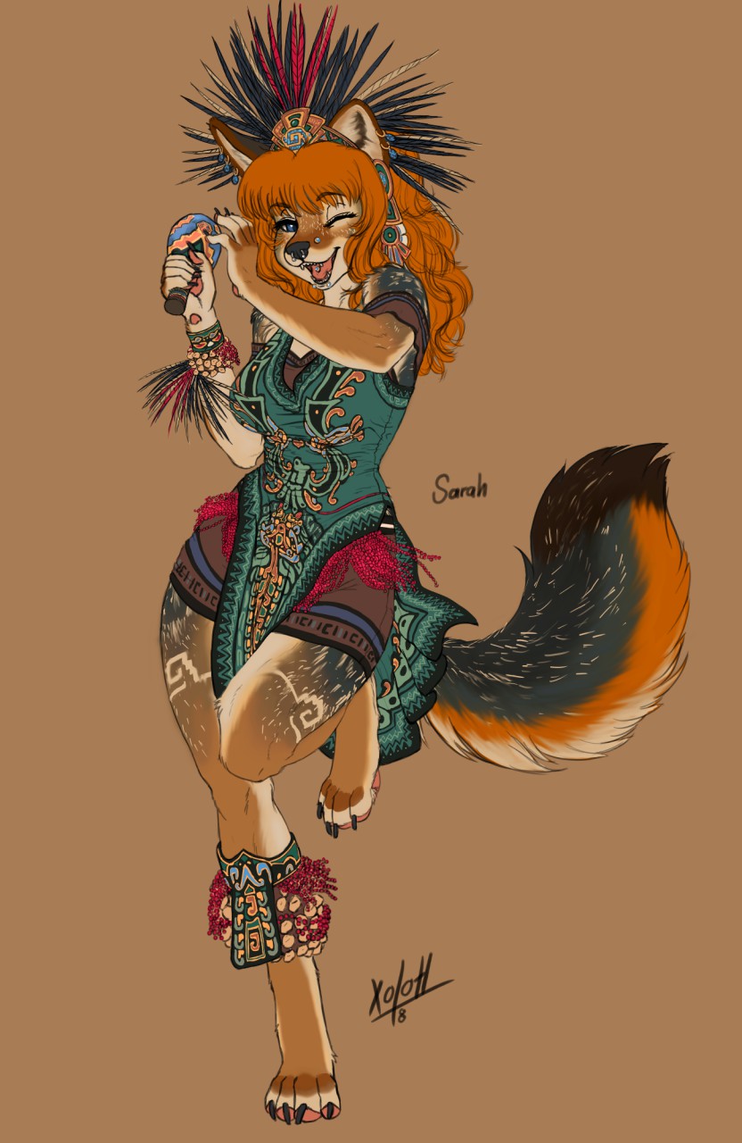 anthro canine claws clothed clothing coyote dancing digitigrade dress ear_piercing facial_piercing fangs female hair headdress holding_object inner_ear_fluff long_hair looking_at_viewer mammal maracas nose_piercing nose_ring one_eye_closed open_mouth piercing raised_leg simple_background solo toe_claws tongue tongue_piercing wink xolkuikani