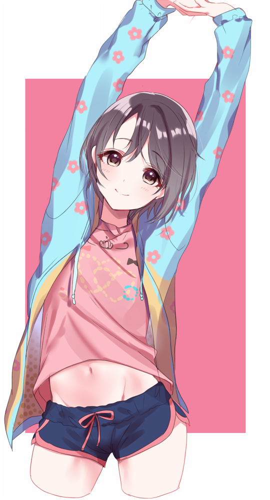 arms_up bare_legs blue_jacket blue_shorts blush bow bow_print boyshorts brown_eyes brown_hair circle closed_mouth contrapposto cowboy_shot cropped_legs dotted_line eyes_visible_through_hair floral_print groin hair_between_eyes head_tilt heart idolmaster idolmaster_cinderella_girls interlocked_fingers jacket leaning_to_the_side long_sleeves looking_at_viewer lowleg lowleg_shorts midriff_peek misumi_(macaroni) navel open_clothes open_jacket otokura_yuuki pink_background pink_bow pink_shirt shirt short_hair short_shorts shorts smile solo standing stomach stretch two-tone_background white_background