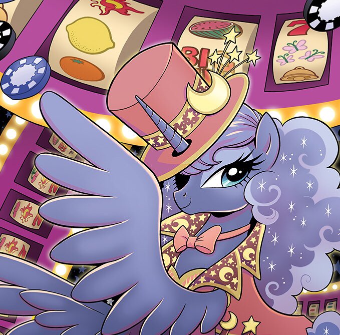 2018 alternate_hairstyle blue_feathers bow_tie brenda_hickey casino clothed clothing cosmic_hair crescent_moon cute equine eyelashes eyeshadow feathered_wings feathers female feral friendship_is_magic half-length_portrait hat horn inside makeup mammal mascara moon my_little_pony poker_chip portrait pose princess_luna_(mlp) slot_machine smile solo sparkles star suit teal_eyes top_hat winged_unicorn wings