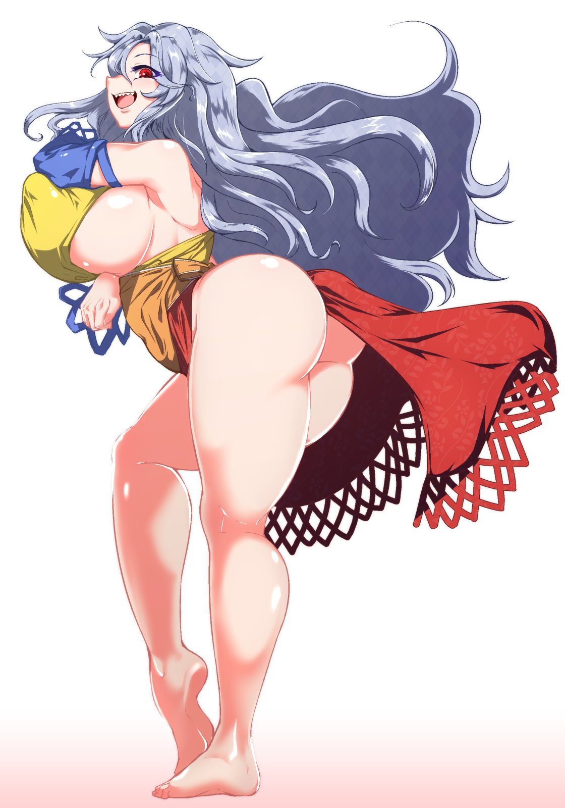 anatomical_nonsense ass bad_anatomy bad_proportions breast_rest breasts detached_sleeves floral_print from_side highres huge_breasts legs long_hair looking_at_viewer pandain red_eyes red_skirt sakata_nemuno sash sharp_teeth shiny shiny_hair shiny_skin shirt sideboob silver_hair single_strap skirt solo teeth thick_thighs thighs tiptoes touhou very_long_hair yellow_shirt