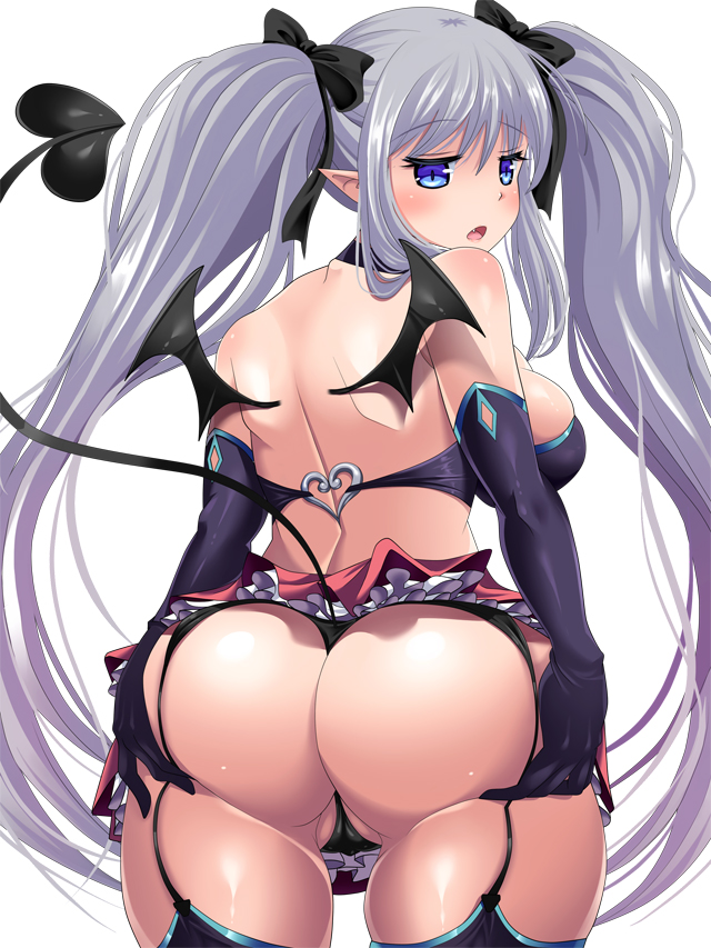 1girl artist_request ass ass_grab bare_shoulders blue_eyes blush bow breasts character_request copyright deep_skin demon_girl demon_tail demon_wings elbow_gloves fang from_behind garter_straps gloves hair_bow hair_ribbon huge_ass large_breasts long_hair looking_at_viewer looking_back miniskirt open_mouth partially_visible_vulva pointy_ears ribbon shiny shiny_hair shiny_skin sideboob silver_hair skirt solo tail thighhighs thong twintails very_long_hair wings