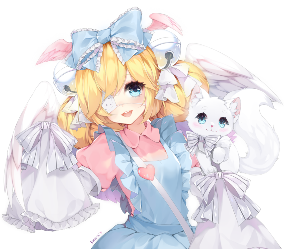 angel_wings bangs bell blonde_hair blue_eyes bow cat commission cutesu_(cutesuu) double_bun dress eyepatch frilled_dress frills long_sleeves looking_at_viewer maid medical_eyepatch original runastark smile transparent_background upper_body wings