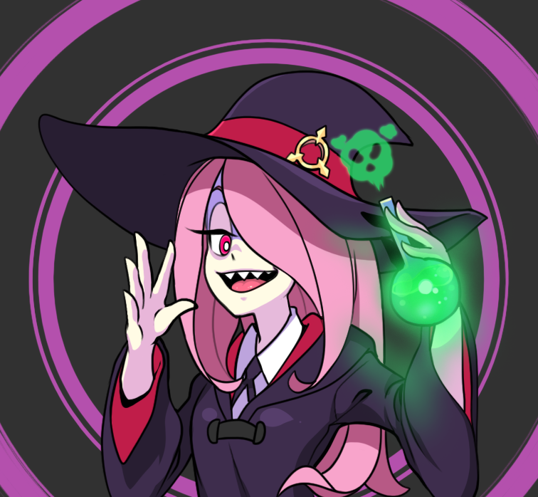 darkcross flask hair_over_one_eye hat little_witch_academia long_hair looking_at_viewer luna_nova_school_uniform open_mouth pale_skin pink_hair potion red_eyes sharp_teeth smile solo sucy_manbavaran teeth witch witch_hat