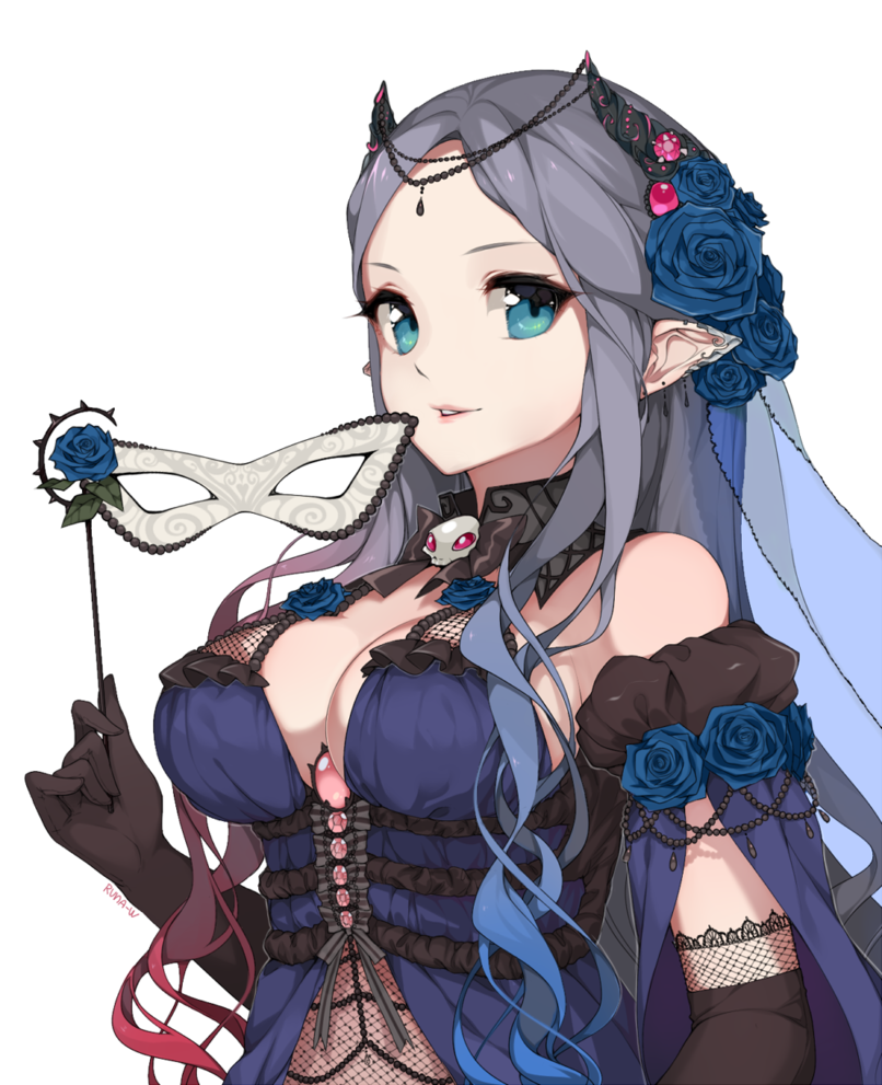 aqua_eyes blue_eyes blue_hair breasts center_frills cleavage commentary commission demon_girl demon_horns english_commentary flower forehead frills gradient_hair grey_hair head_chain horns lace long_hair looking_at_viewer mask multicolored_hair original pink_hair red_hair rose runastark too_many too_many_frills transparent_background upper_body wavy_hair